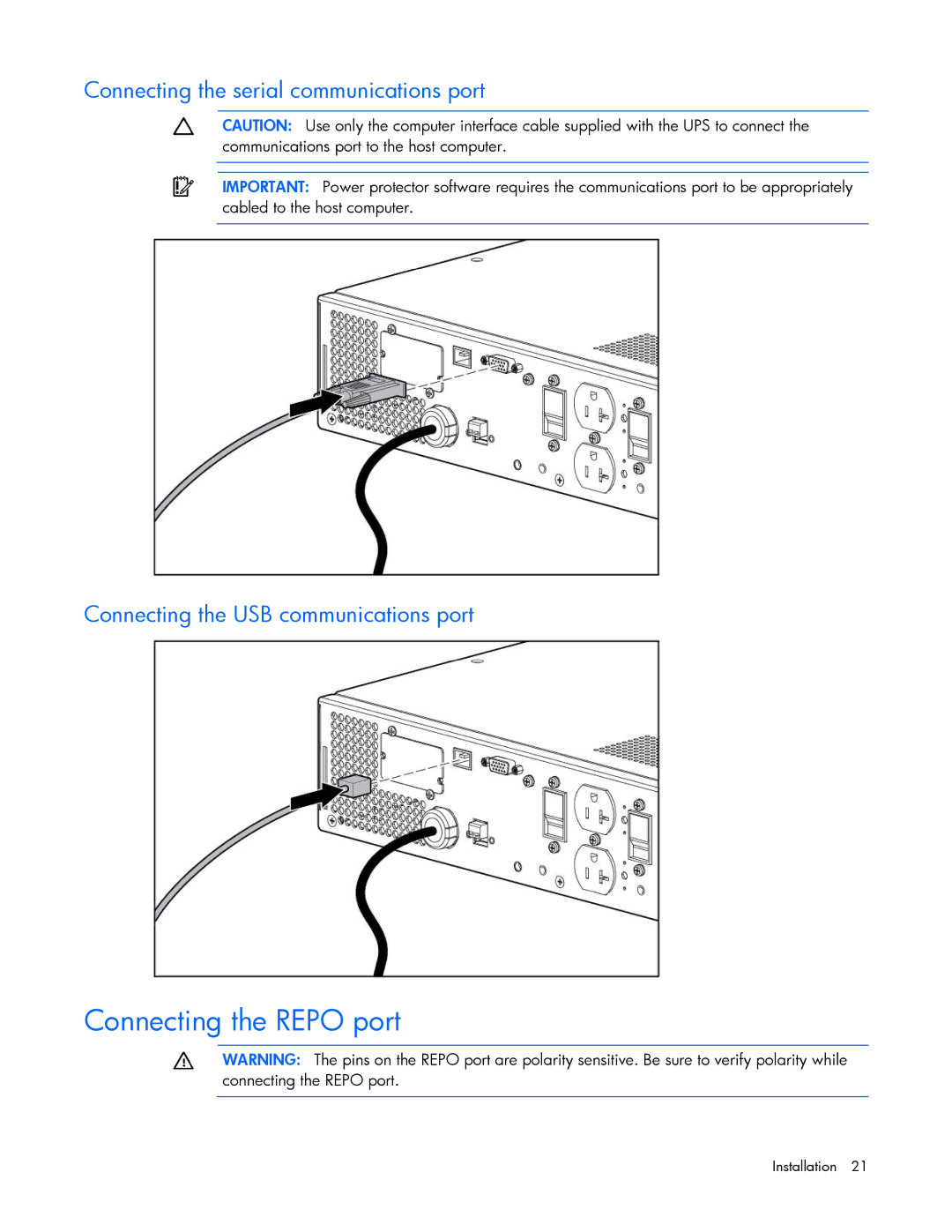 HP Accessory 651176-002 manual Connecting the Repo port, Connecting the serial communications port 