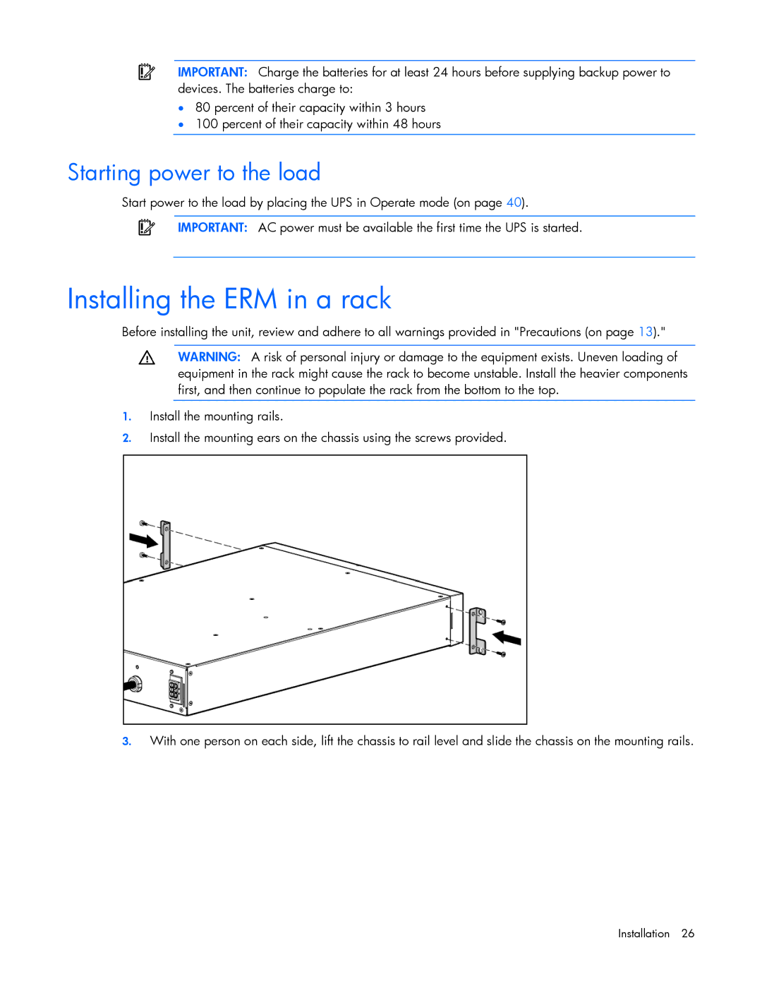 HP Accessory 651176-002 manual Installing the ERM in a rack, Starting power to the load 