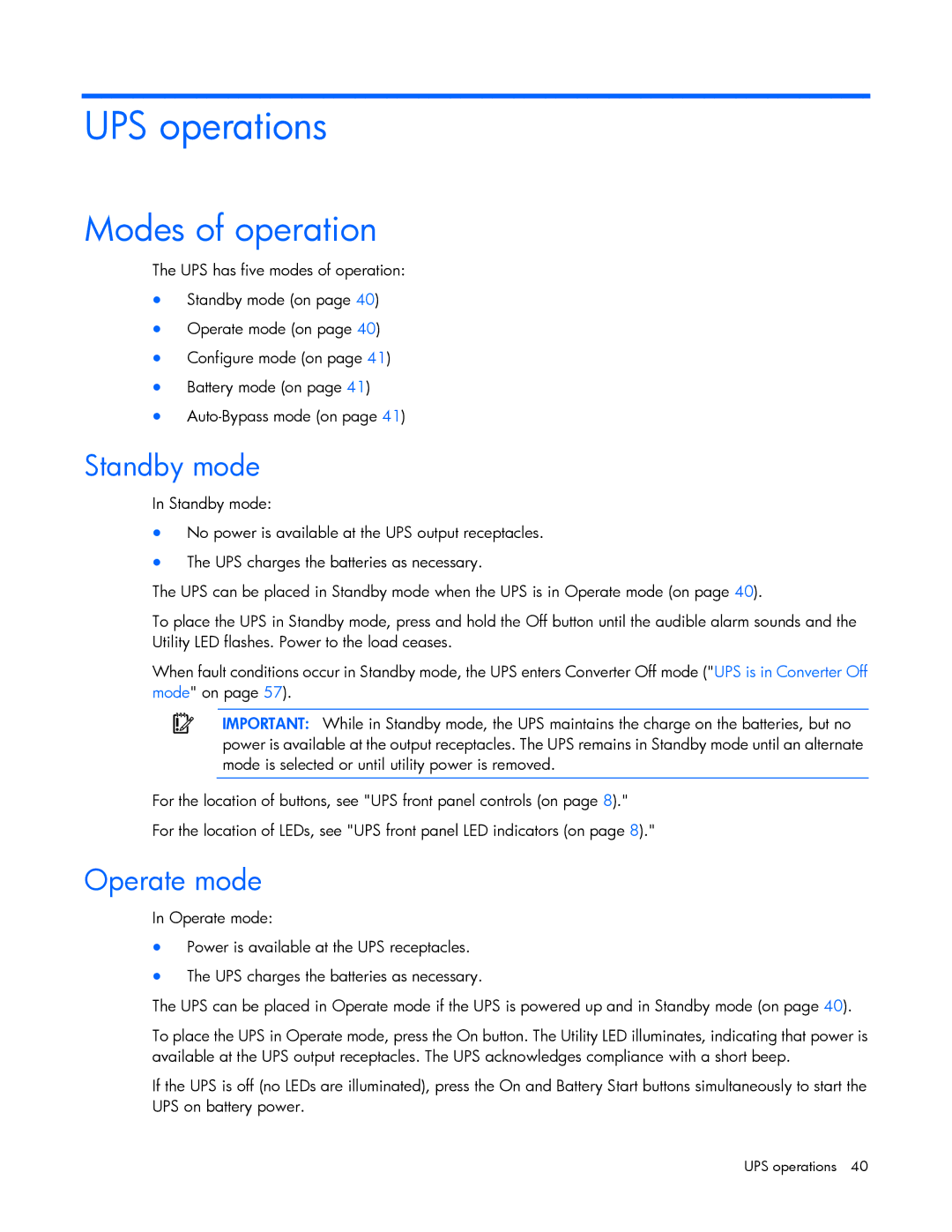 HP Accessory 651176-002 manual UPS operations, Modes of operation, Standby mode, Operate mode 