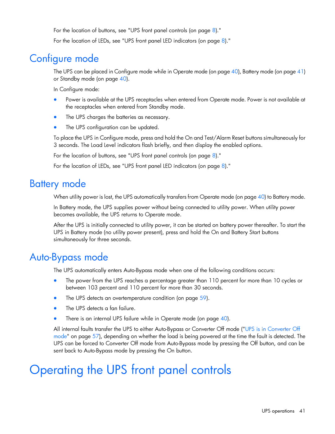 HP Accessory 651176-002 manual Operating the UPS front panel controls, Configure mode, Battery mode, Auto-Bypass mode 