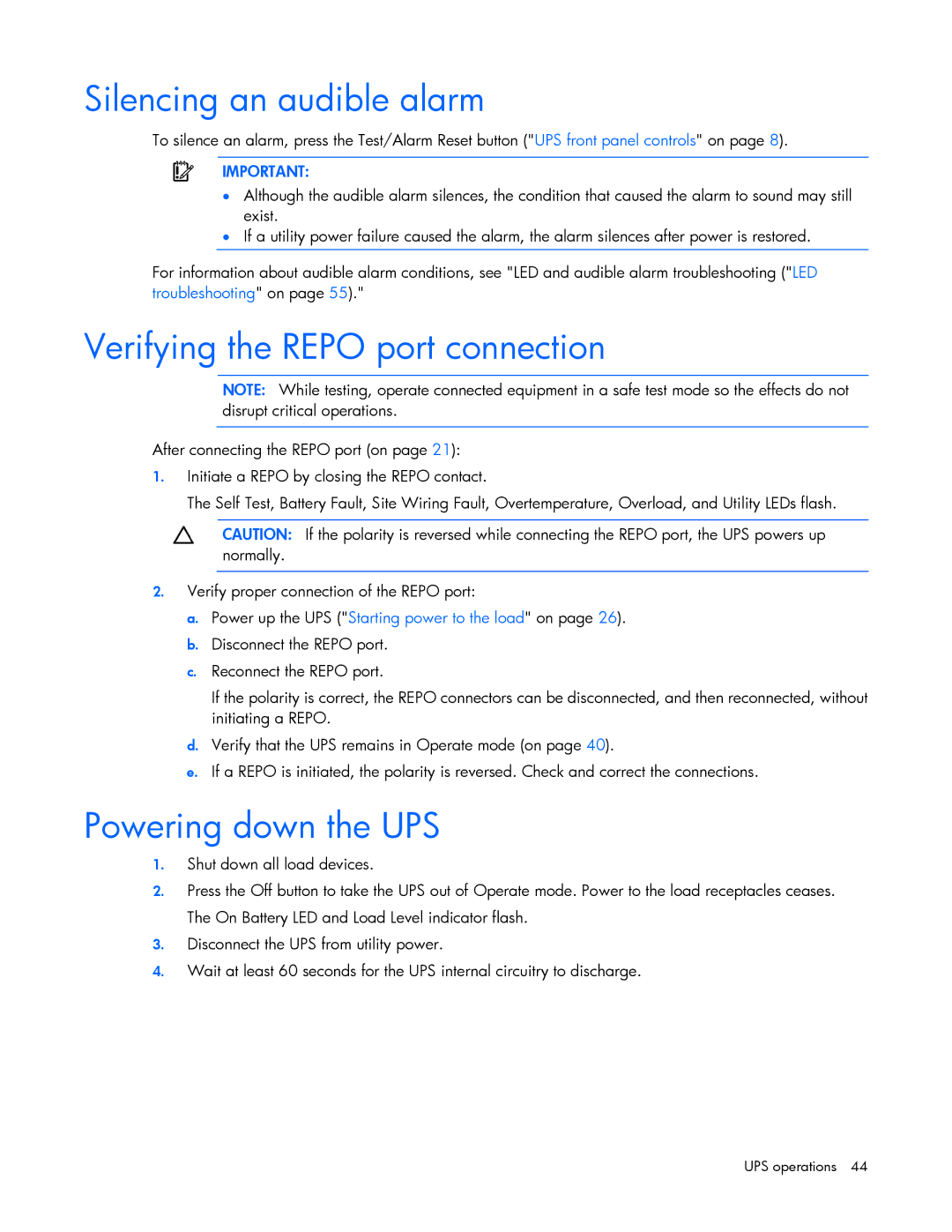 HP Accessory 651176-002 manual Silencing an audible alarm, Verifying the Repo port connection, Powering down the UPS 