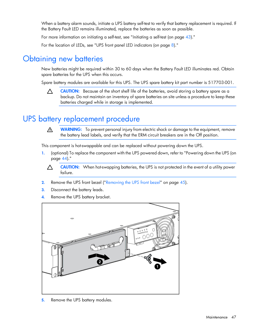 HP Accessory 651176-002 manual Obtaining new batteries, UPS battery replacement procedure 