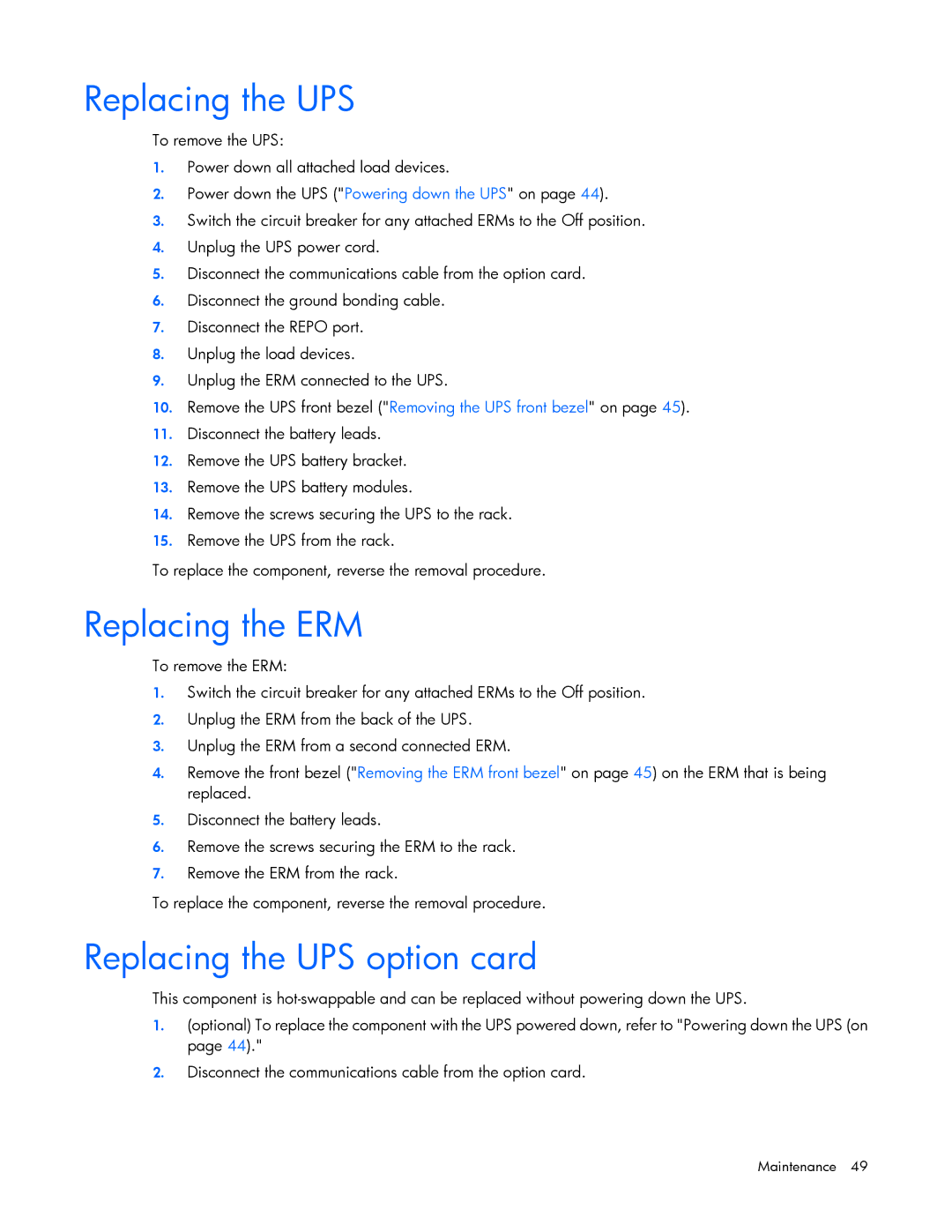 HP Accessory 651176-002 manual Replacing the ERM, Replacing the UPS option card 