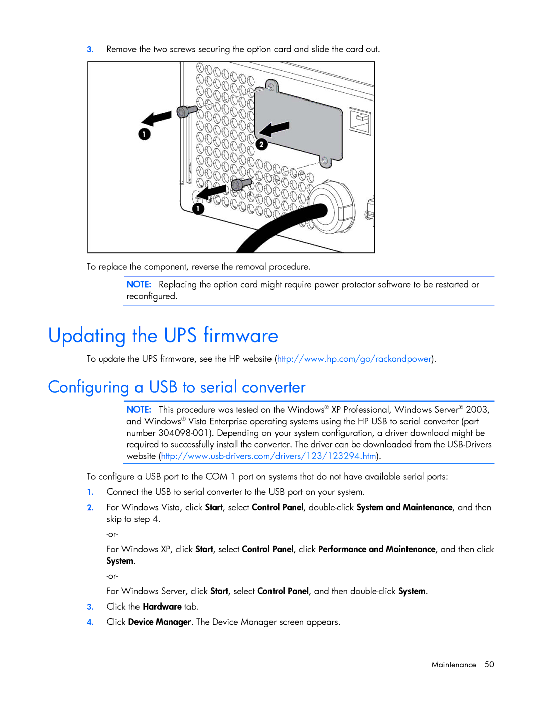 HP Accessory 651176-002 manual Updating the UPS firmware, Configuring a USB to serial converter 