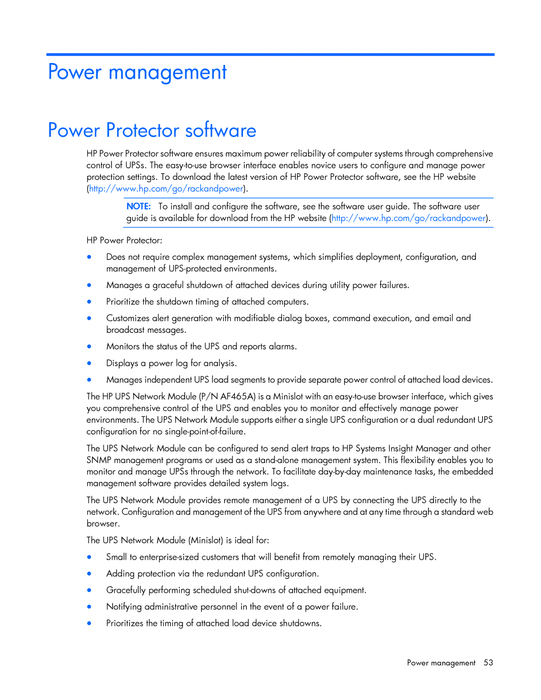 HP Accessory 651176-002 manual Power management, Power Protector software 