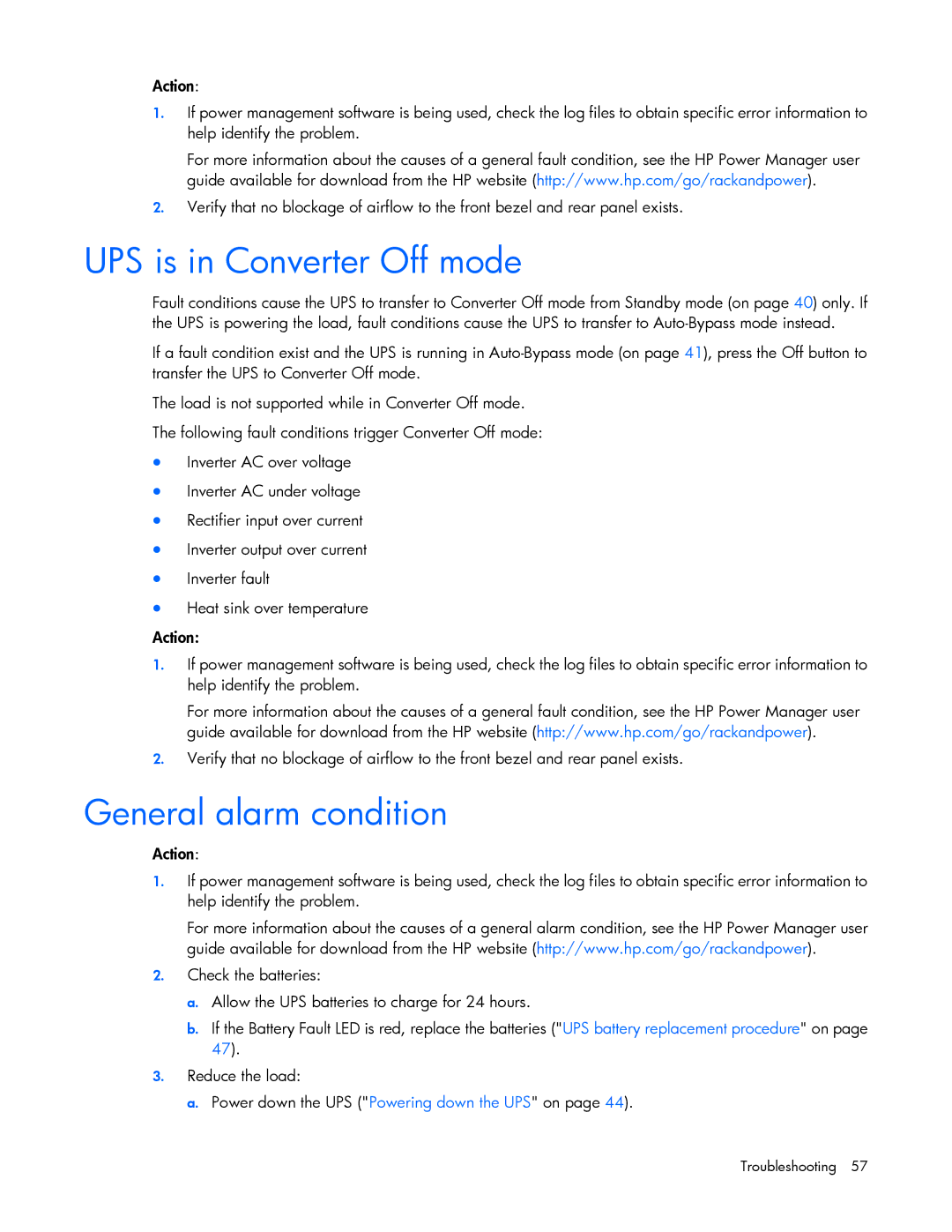 HP Accessory 651176-002 manual UPS is in Converter Off mode, General alarm condition 