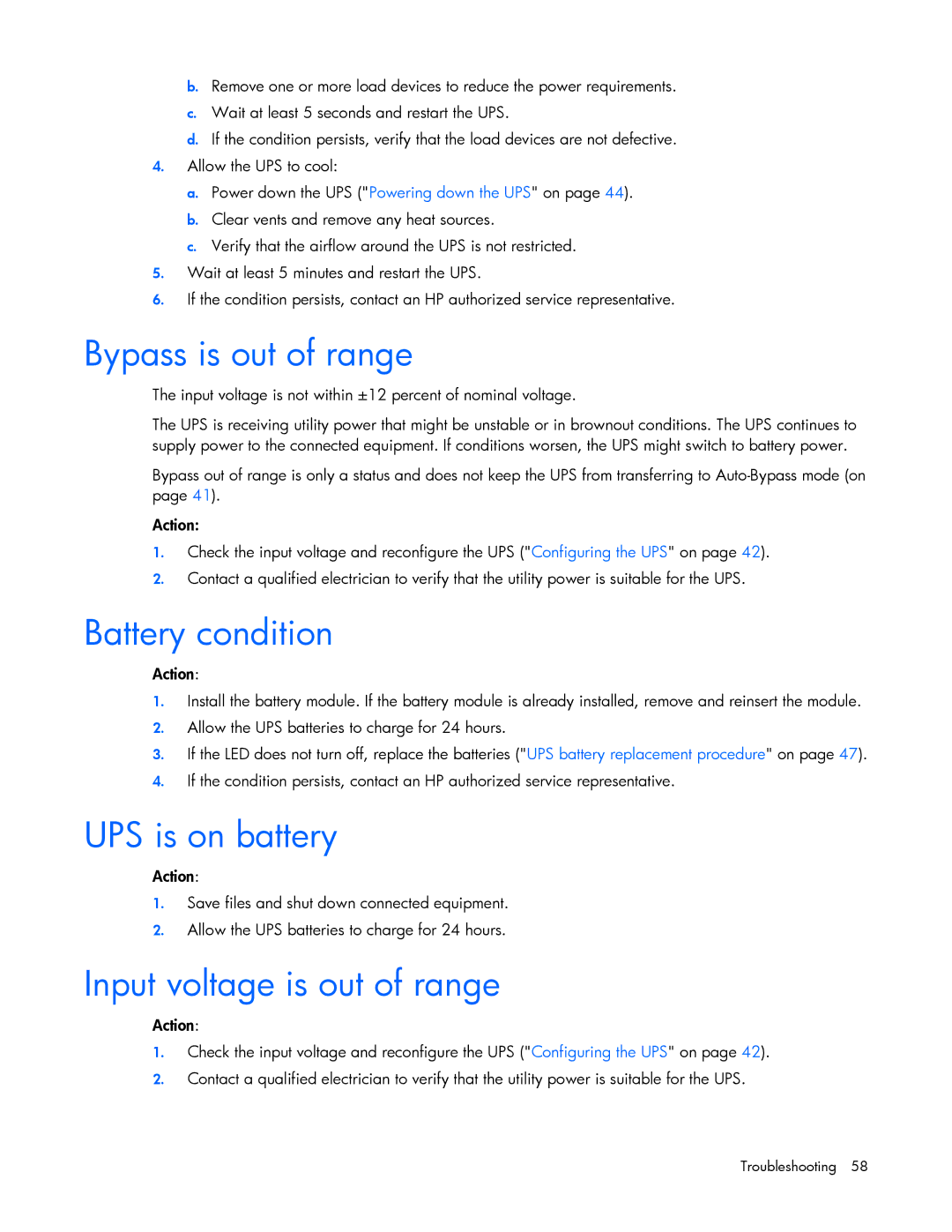 HP Accessory 651176-002 manual Bypass is out of range, Battery condition, UPS is on battery, Input voltage is out of range 