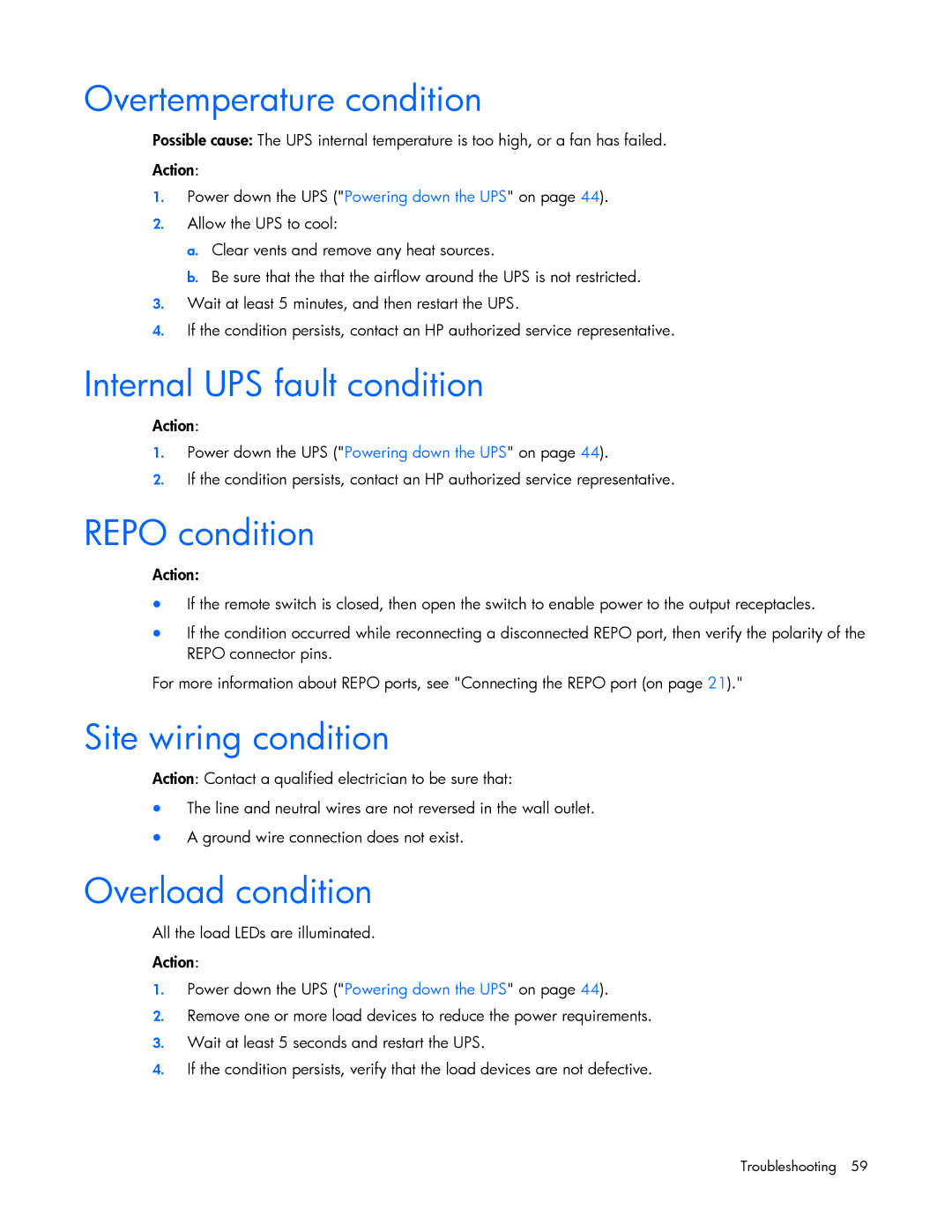 HP Accessory 651176-002 Overtemperature condition, Internal UPS fault condition, Repo condition, Site wiring condition 