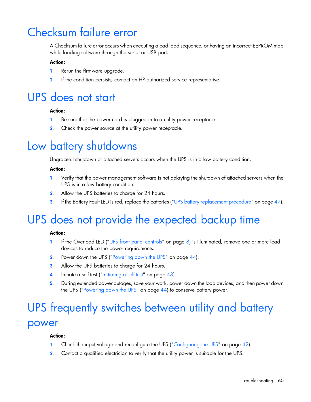 HP Accessory 651176-002 manual Checksum failure error, UPS does not start, Low battery shutdowns 