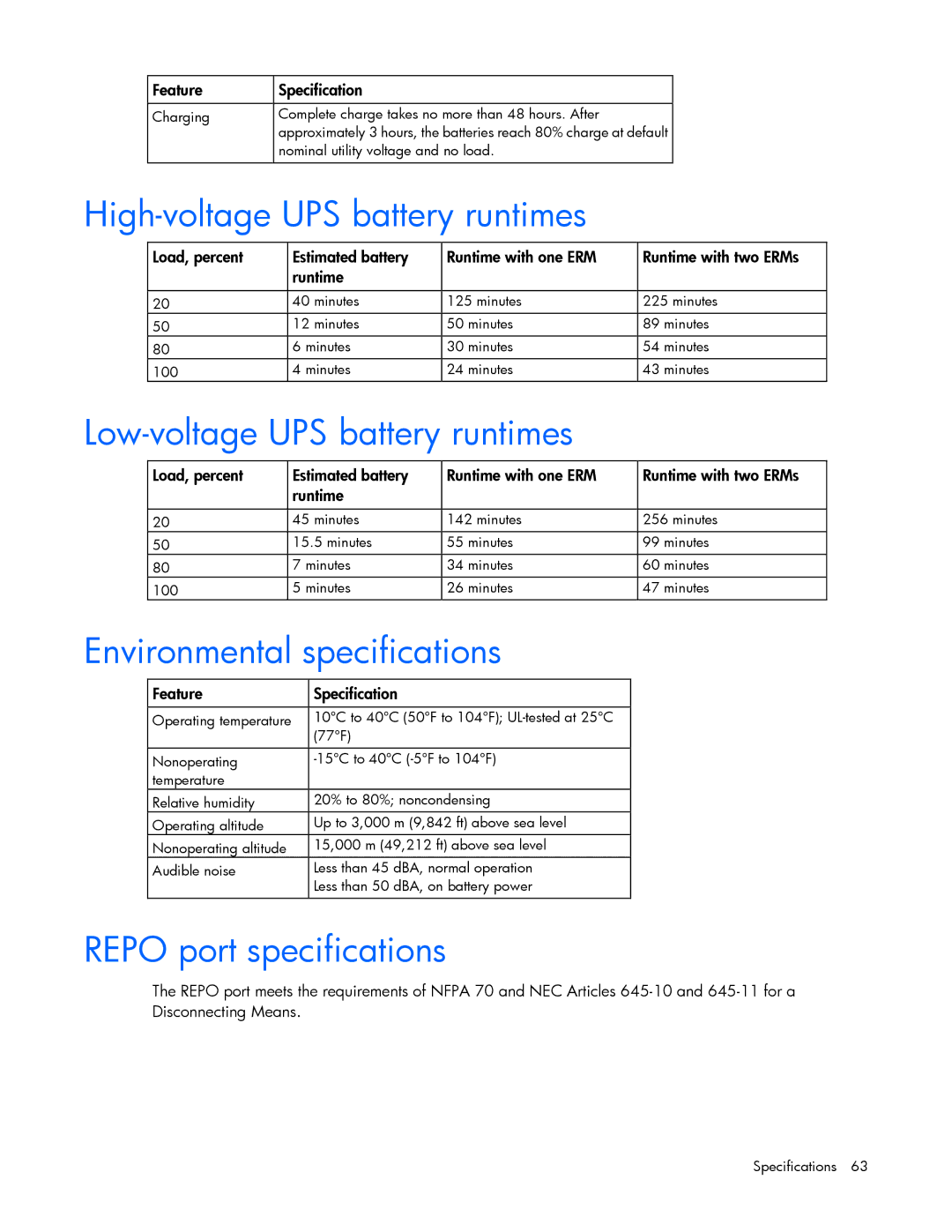 HP Accessory 651176-002 High-voltage UPS battery runtimes, Low-voltage UPS battery runtimes, Environmental specifications 