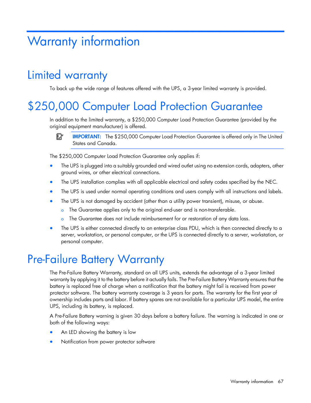 HP Accessory 651176-002 manual Warranty information, Limited warranty, $250,000 Computer Load Protection Guarantee 