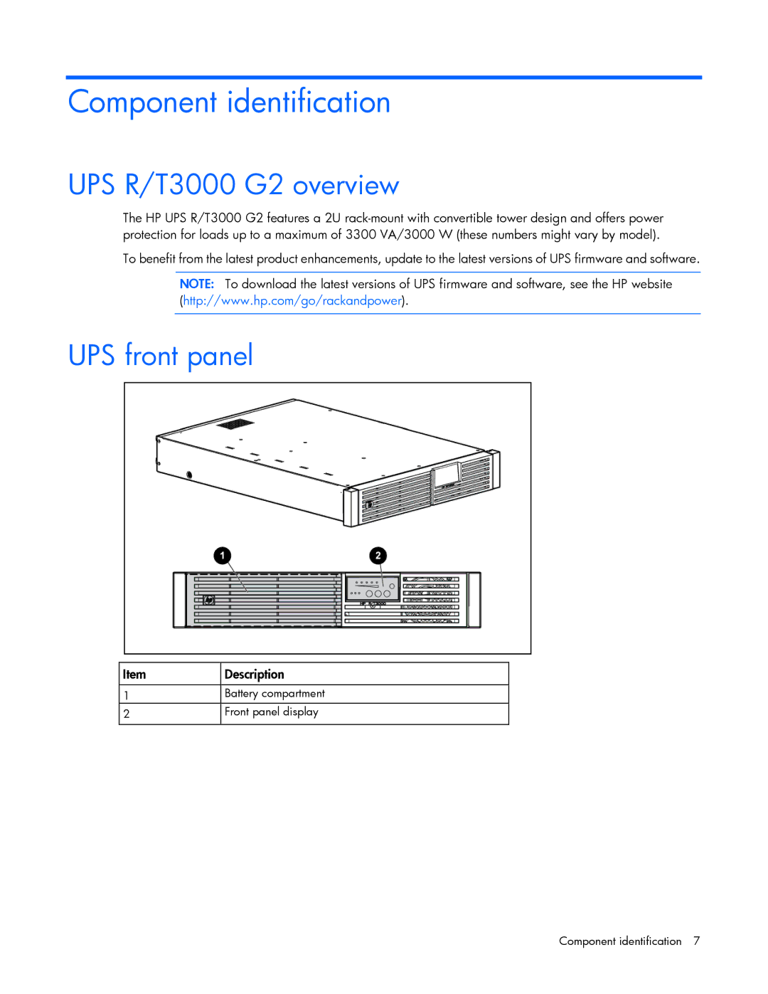 HP Accessory 651176-002 manual Component identification, UPS R/T3000 G2 overview, UPS front panel 