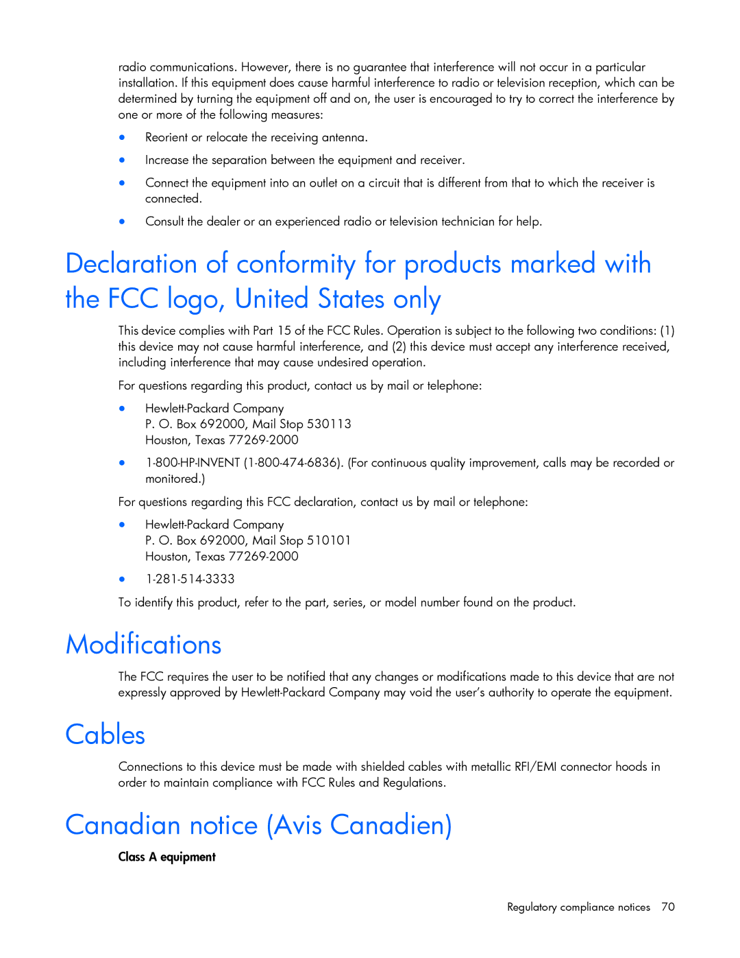 HP Accessory 651176-002 manual Modifications, Cables, Canadian notice Avis Canadien 