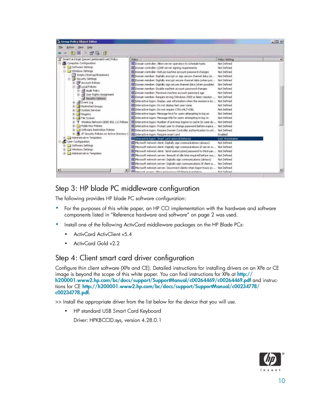 HP ActivCard Smart Card manual HP blade PC middleware configuration, Client smart card driver configuration 