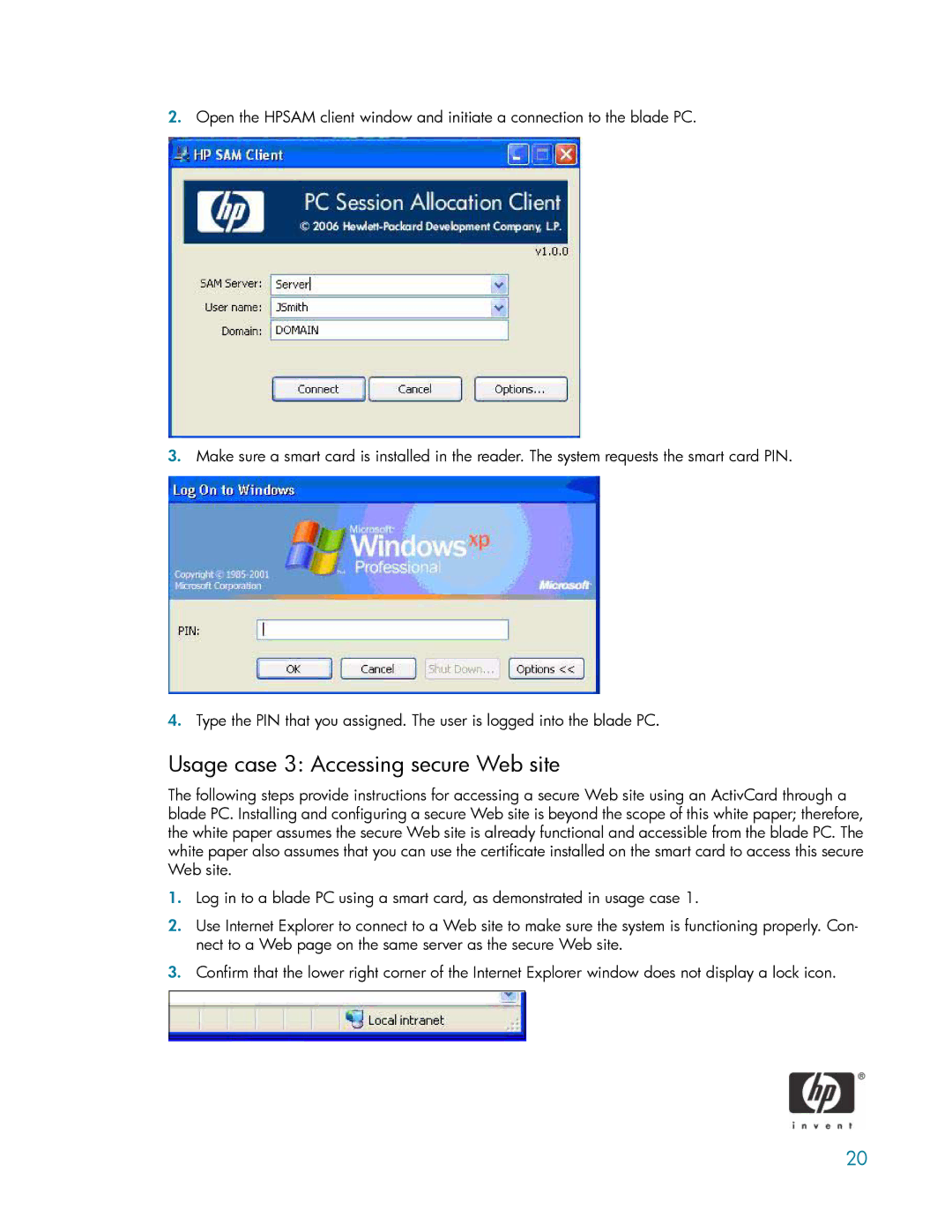 HP ActivCard Smart Card manual Usage case 3 Accessing secure Web site 