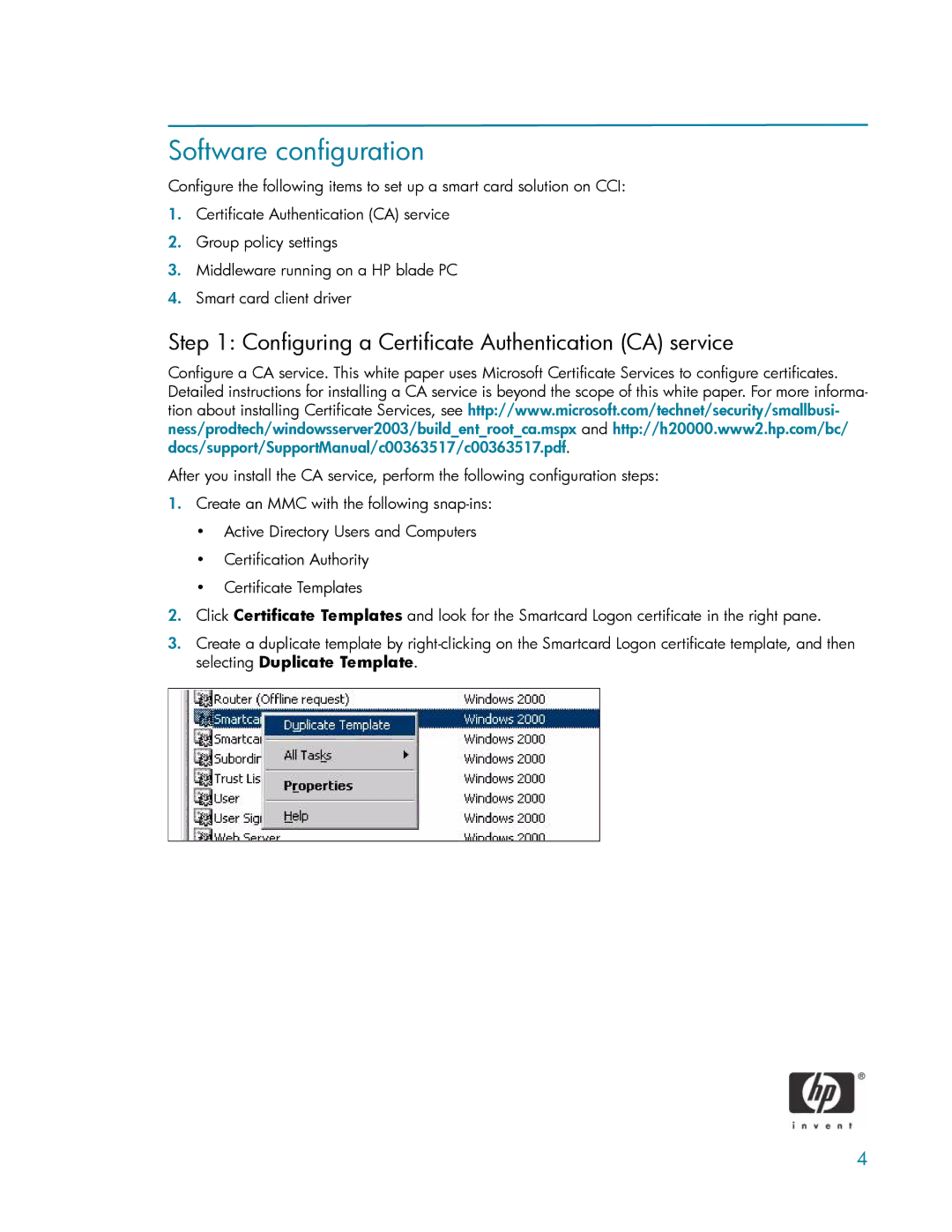 HP ActivCard Smart Card manual Software configuration, Configuring a Certificate Authentication CA service 