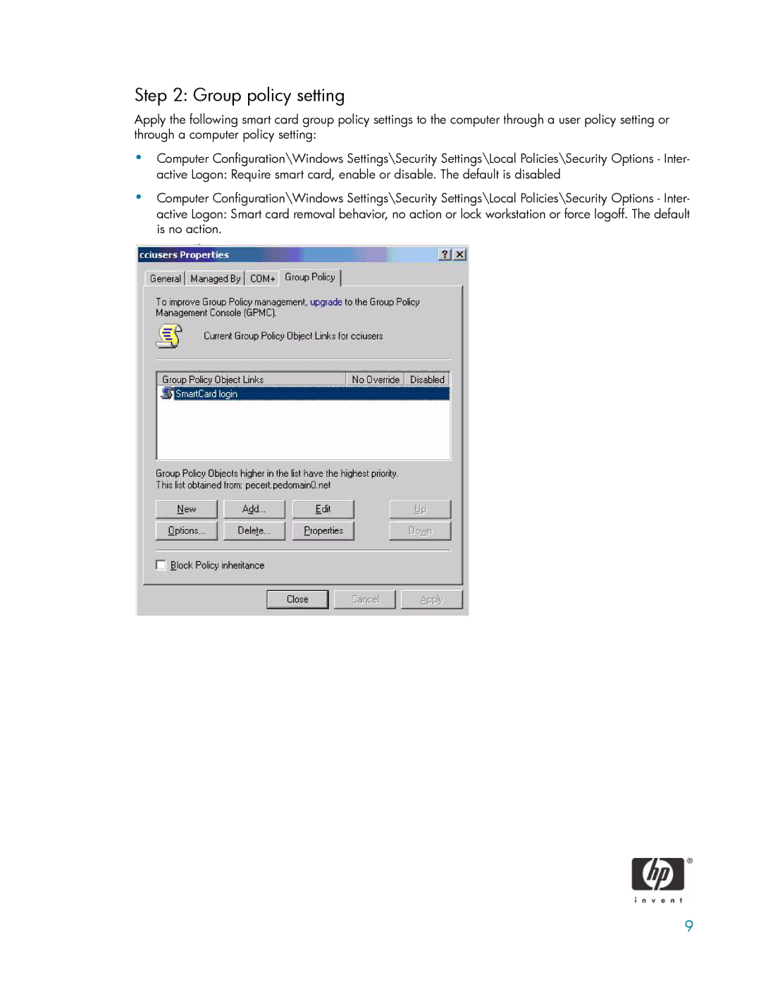 HP ActivCard Smart Card manual Group policy setting 