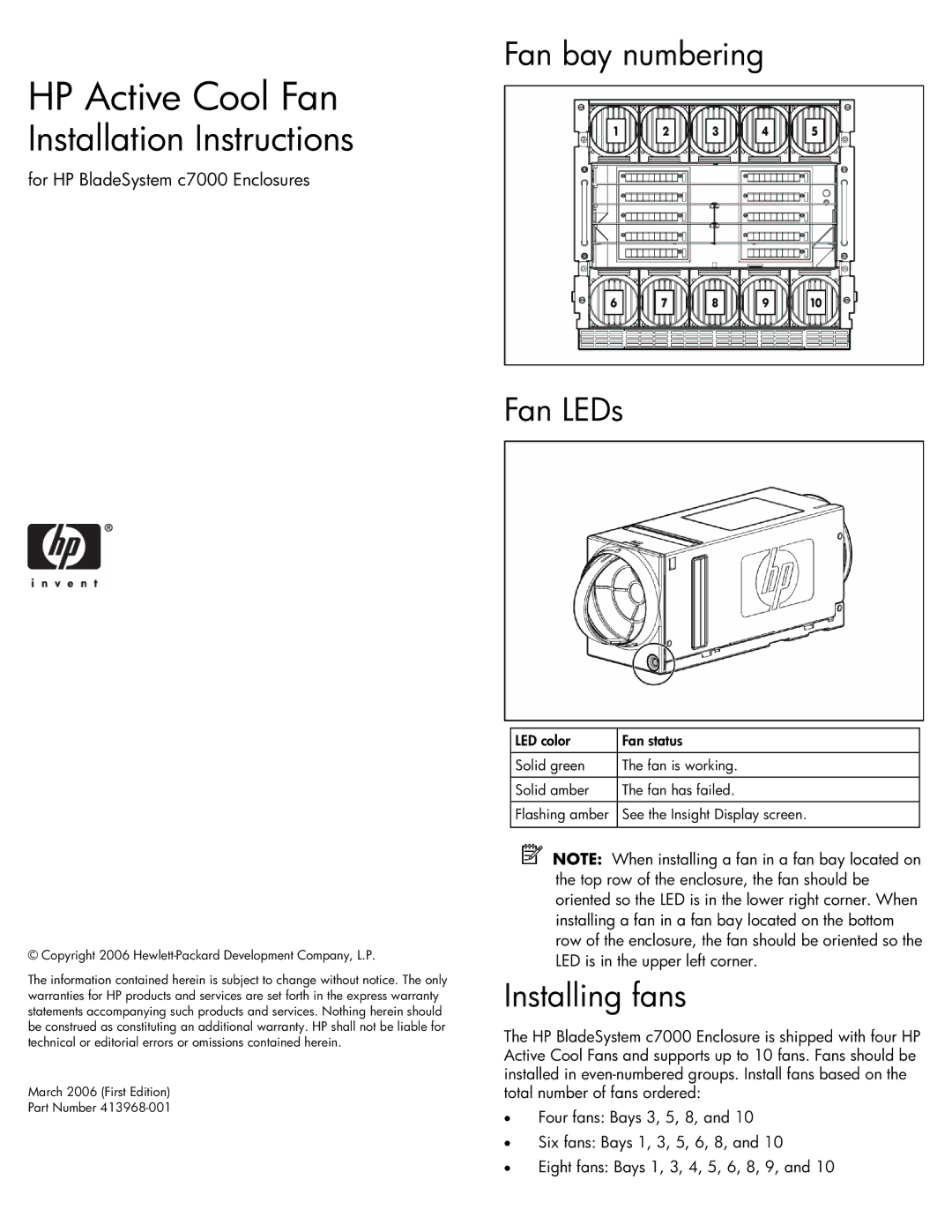 HP Active Cool Fan c7000 manual HP Active Cool Fan, Installation Instructions, Fan bay numbering Fan LEDs, Installing fans 