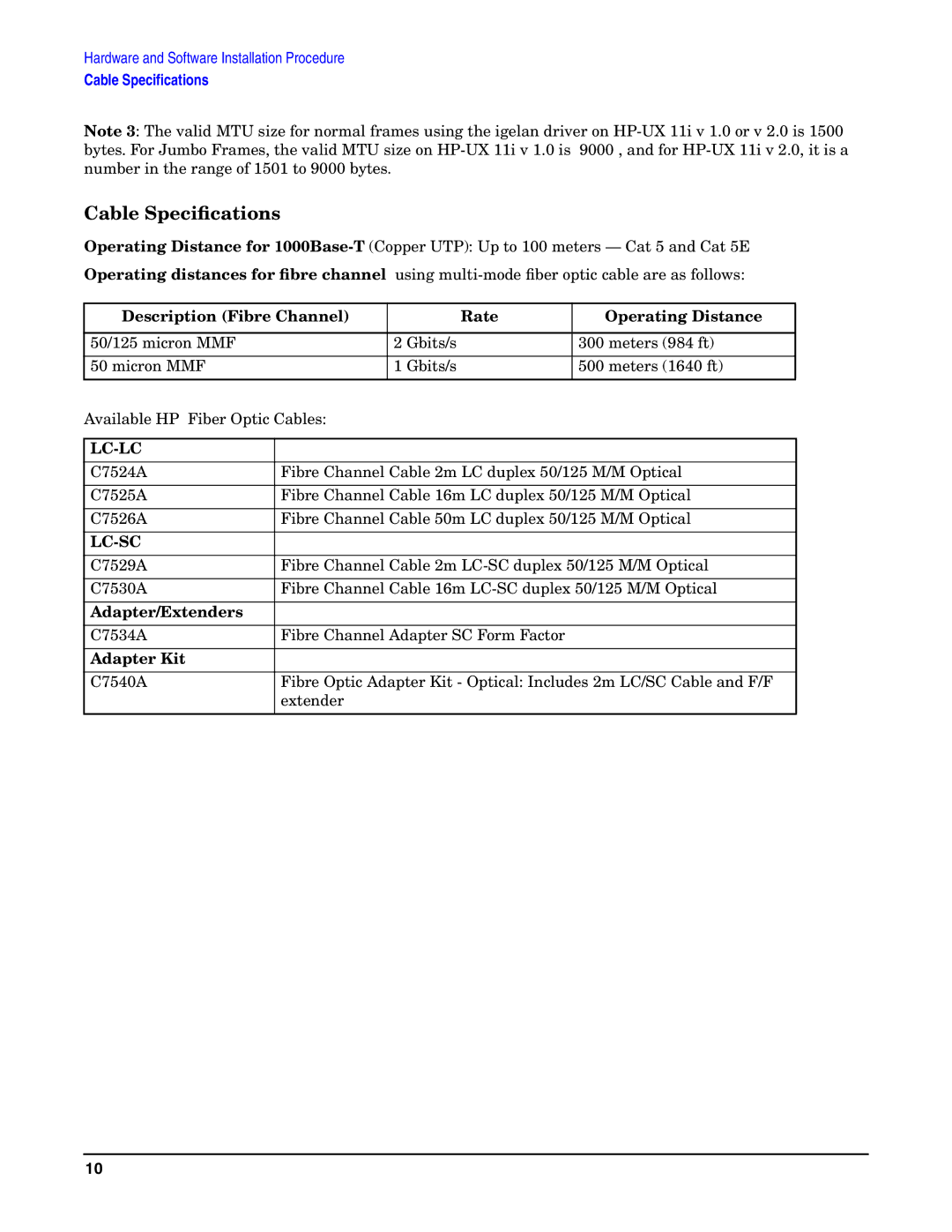 HP AD465A manual Cable Speciﬁcations, Description Fibre Channel Rate Operating Distance, Adapter/Extenders, Adapter Kit 