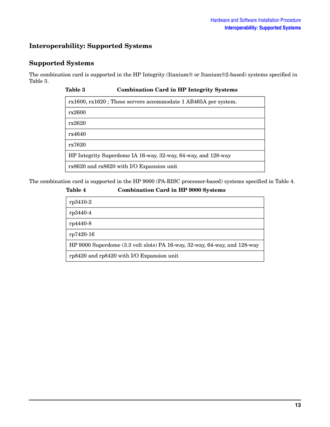 HP AD465A manual Interoperability Supported Systems, Combination Card in HP Integrity Systems 