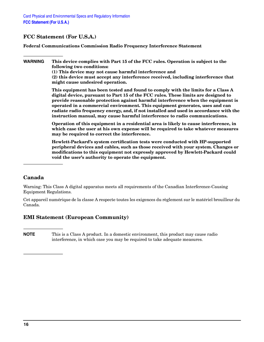 HP AD465A manual FCC Statement For U.S.A, Canada, EMI Statement European Community 