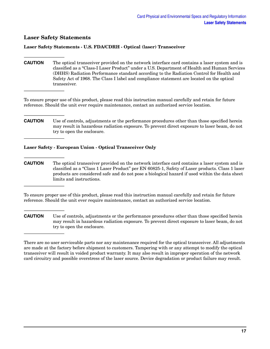 HP AD465A manual Laser Safety Statements 