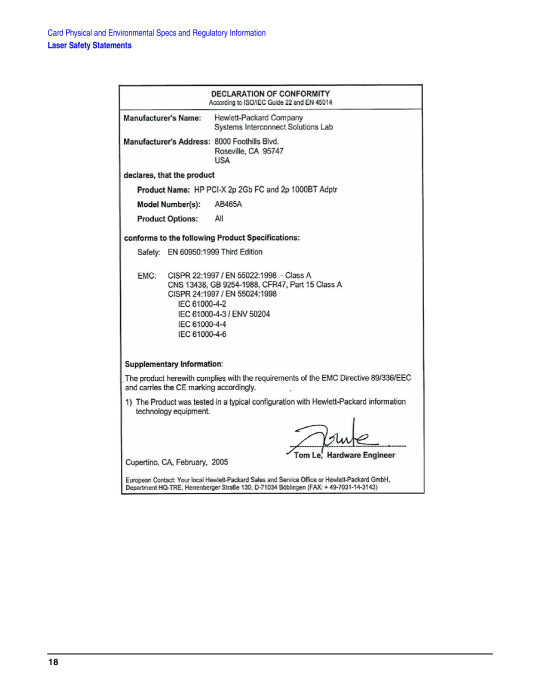 HP AD465A manual Laser Safety Statements 