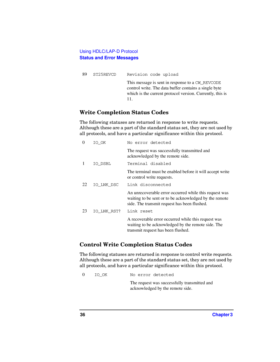 HP Advanced Communications Controllers (ACC) manual Control Write Completion Status Codes 