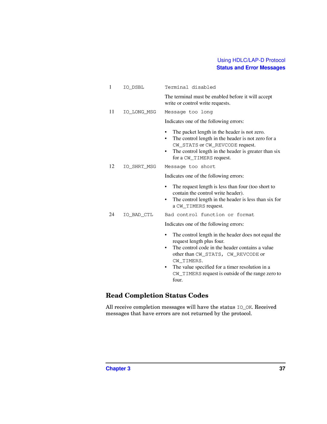 HP Advanced Communications Controllers (ACC) manual Read Completion Status Codes 