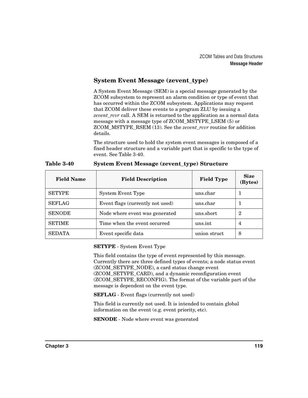 HP Advanced Communications Controllers (ACC) manual System Event Message zeventtype Structure 