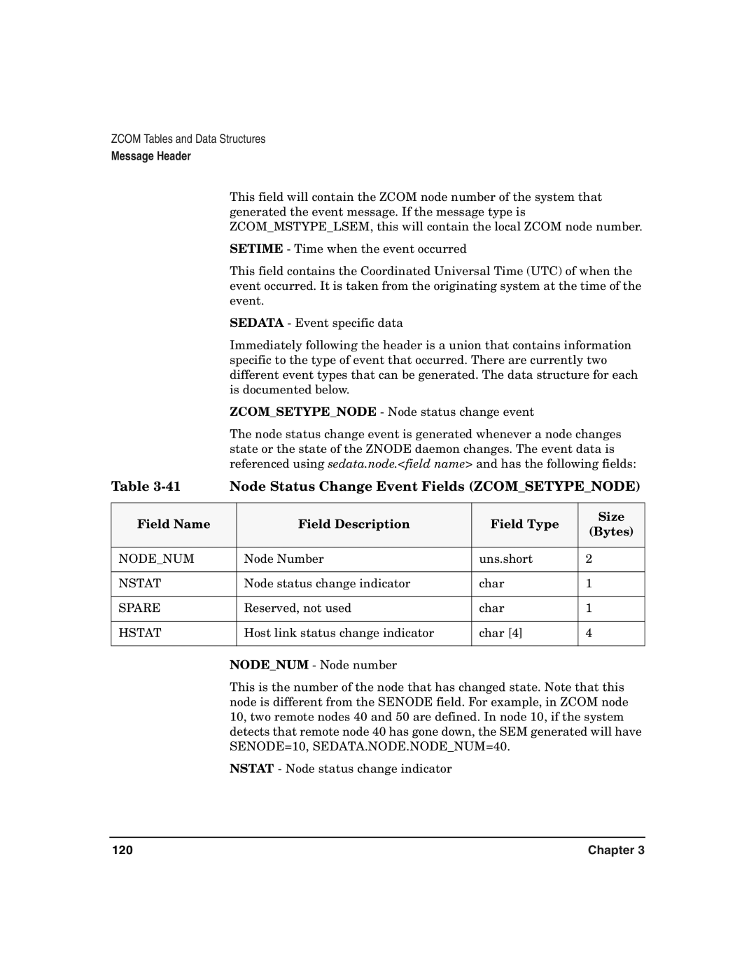 HP Advanced Communications Controllers (ACC) Node Status Change Event Fields Zcomsetypenode, Nodenum, Nstat, Spare, Hstat 