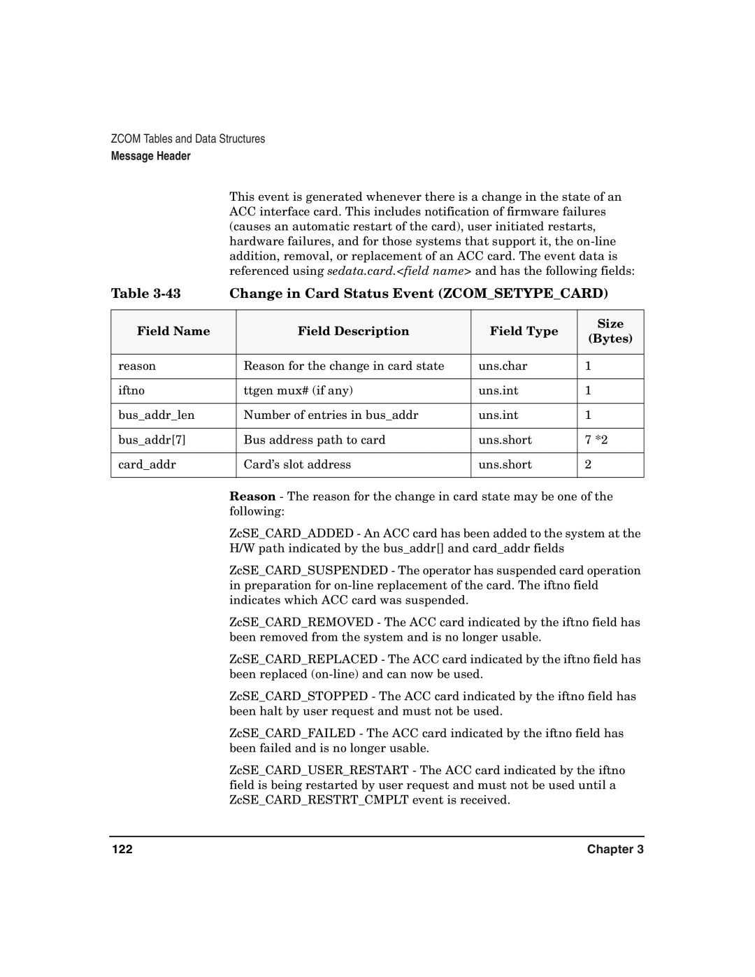 HP Advanced Communications Controllers (ACC) manual Change in Card Status Event Zcomsetypecard 