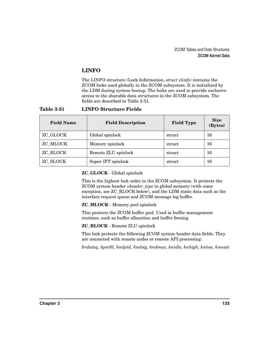 HP Advanced Communications Controllers (ACC) manual Linfo Structure Fields, Zcglock, Zcmlock, Zcrlock, Zcslock 