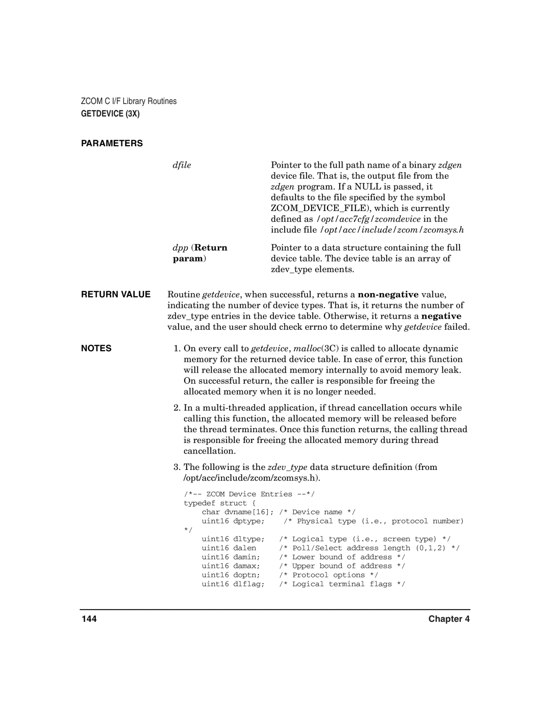 HP Advanced Communications Controllers (ACC) manual Pointer to a data structure containing the full, Zdevtype elements 