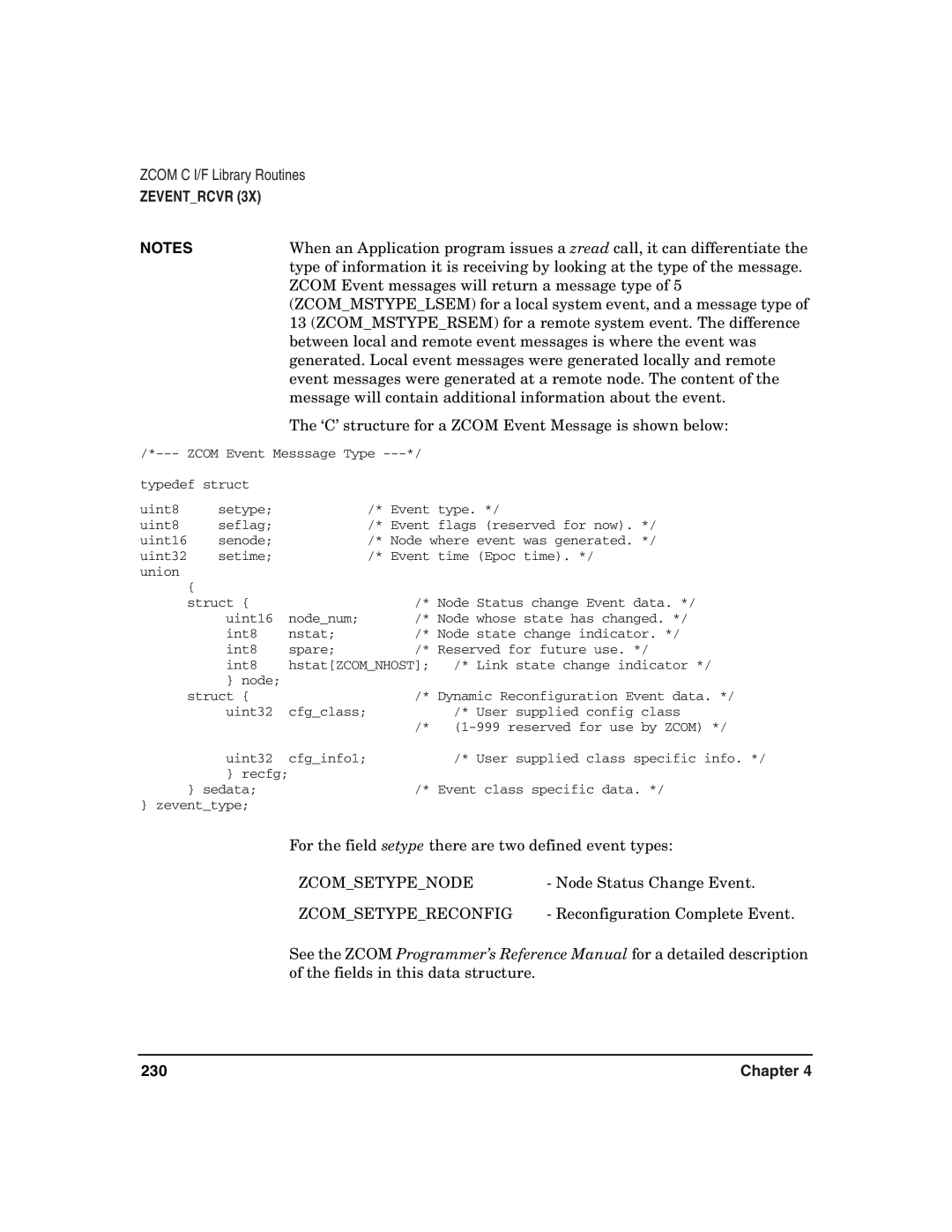 HP Advanced Communications Controllers (ACC) manual ‘C’ structure for a Zcom Event Message is shown below, Zcomsetypenode 