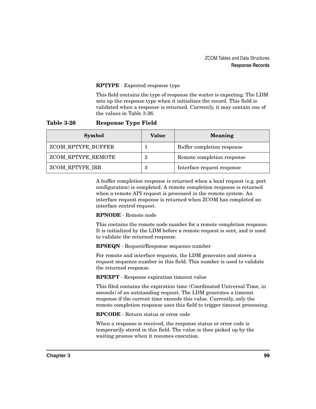 HP Advanced Communications Controllers (ACC) Response Type Field, Symbol Value Meaning, Zcomrptypebuffer, Zcomrptyperemote 