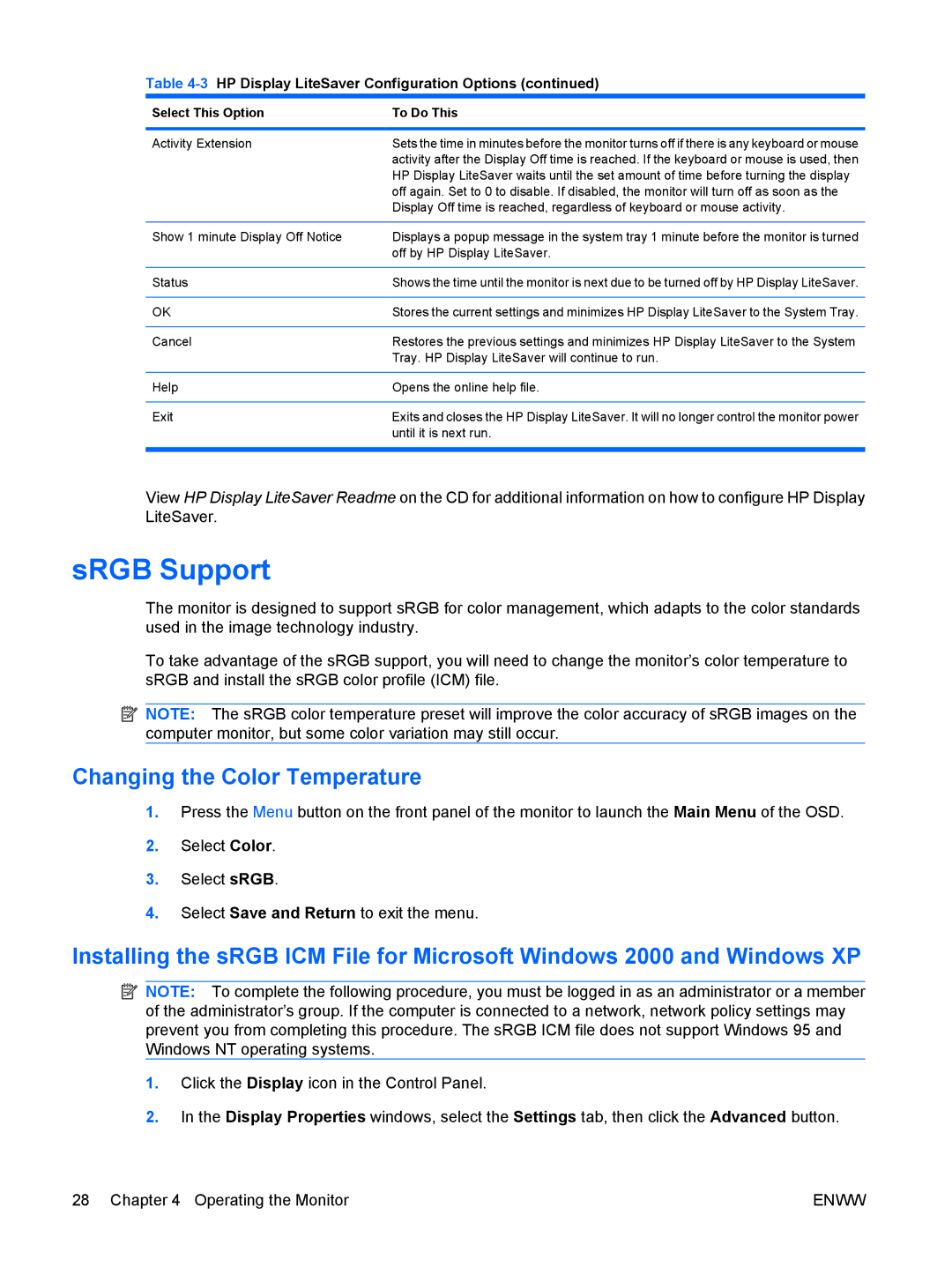 HP Advantage EM890AA, Advantage LA1951G 19 EM890A8#ABA manual SRGB Support, Changing the Color Temperature 