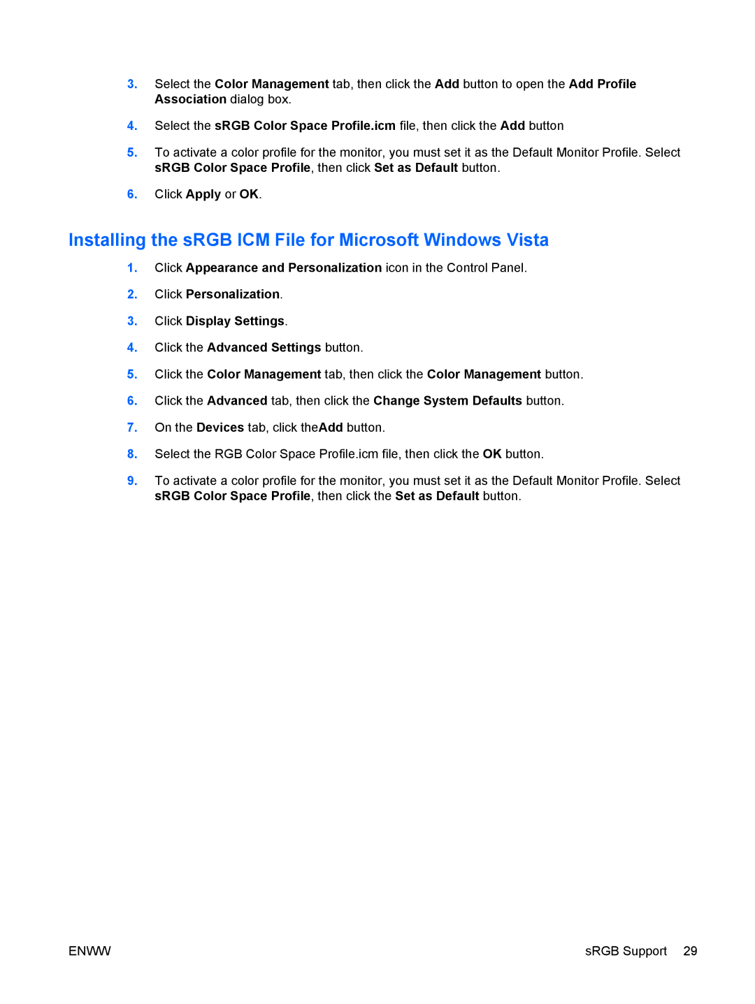HP Advantage EM890AA, Advantage LA1951G manual Installing the sRGB ICM File for Microsoft Windows Vista 