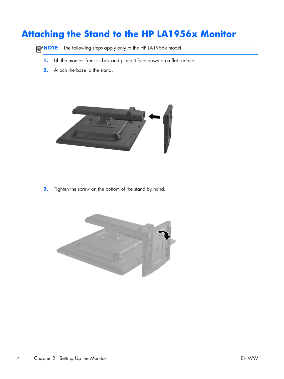 HP Advantage E231 23' C9V75A8#ABA, Advantage LA1956x A9S75A8#ABA manual Attaching the Stand to the HP LA1956x Monitor 