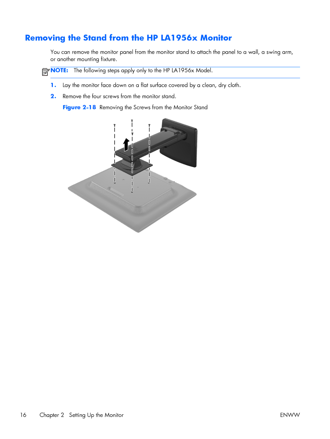 HP Advantage E231 23' C9V75A8#ABA, Advantage LA1956x A9S75A8#ABA manual Removing the Stand from the HP LA1956x Monitor 