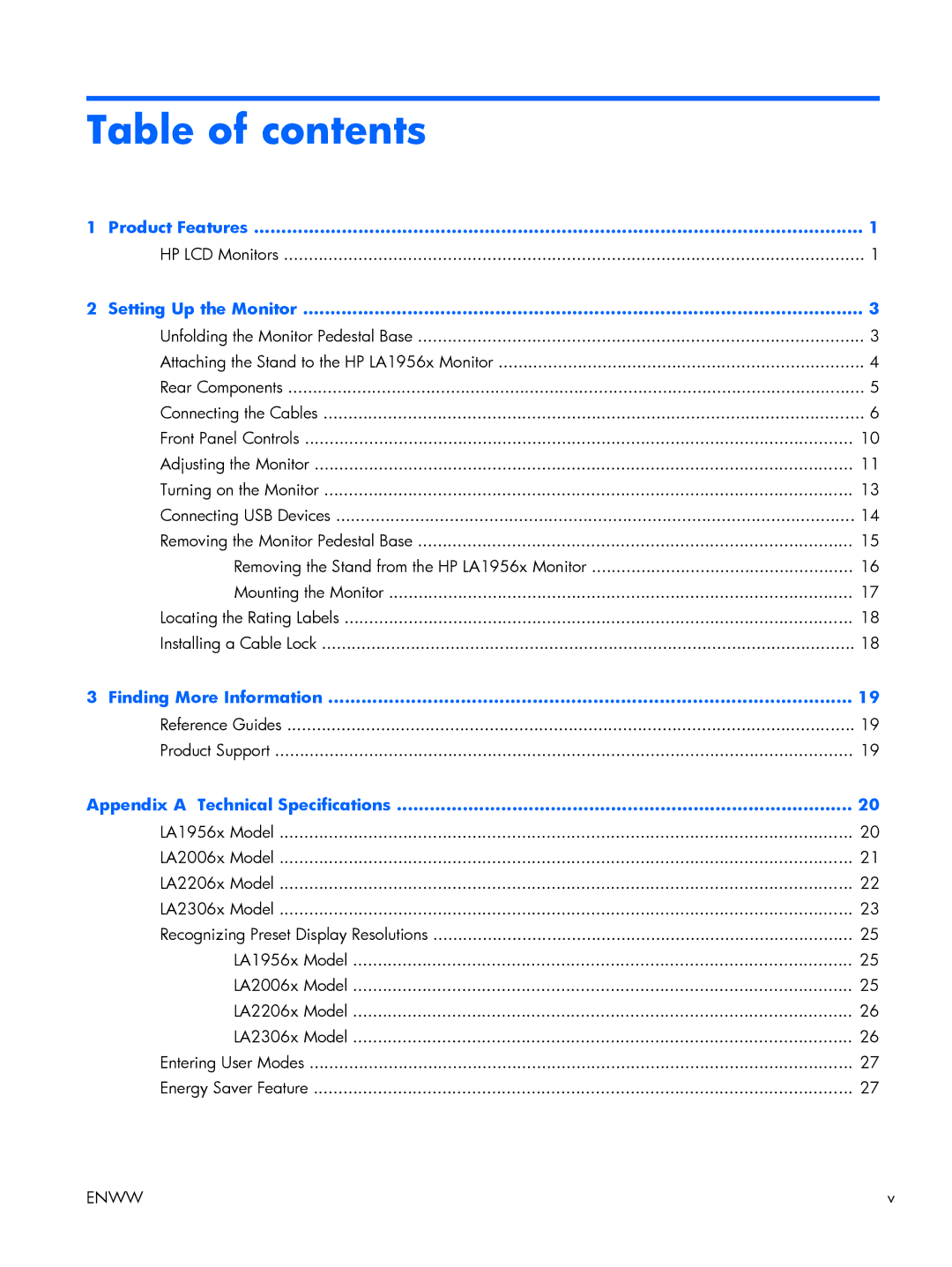 HP Advantage LA2006x 20' XN374AA#ABA, Advantage LA1956x A9S75A8#ABA, Advantage E231 23' C9V75A8#ABA manual Table of contents 