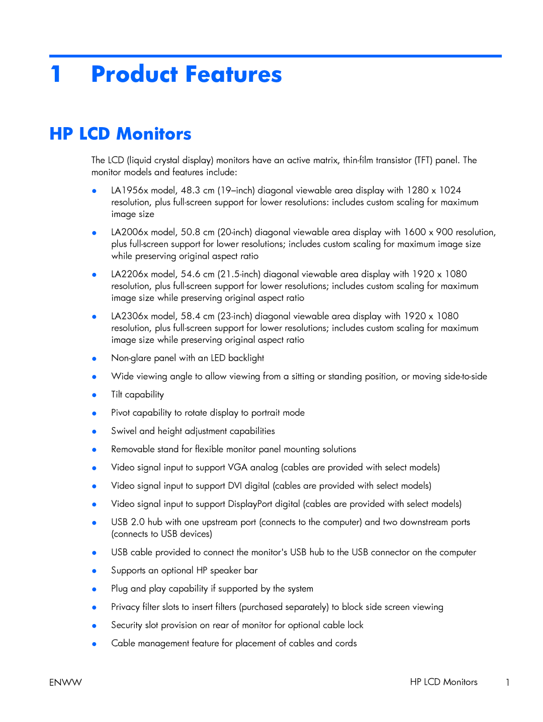 HP Advantage E231 23' C9V75A8#ABA, Advantage LA1956x A9S75A8#ABA manual Product Features, HP LCD Monitors 