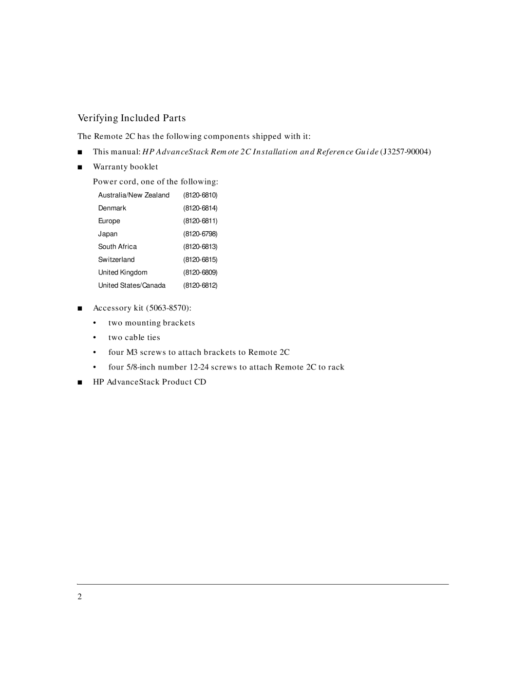 HP AdvStack Remote 2C & Internet Bundle manual Verifying Included Parts, Warranty booklet Power cord, one of the following 