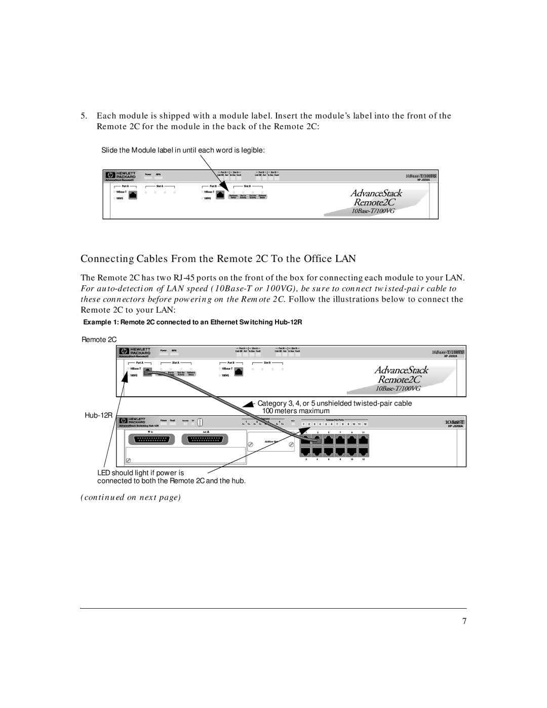 HP AdvStack Remote 2C & Internet Bundle manual Connecting Cables From the Remote 2C To the Office LAN 