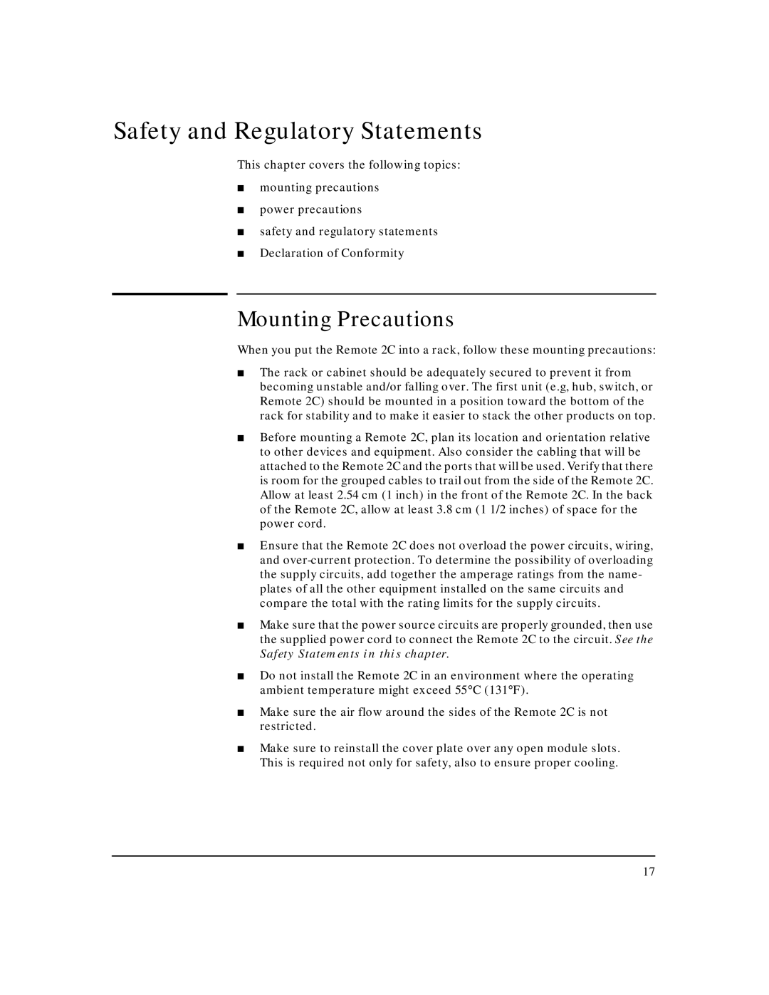 HP AdvStack Remote 2C & Internet Bundle manual Safety and Regulatory Statements, Mounting Precautions 