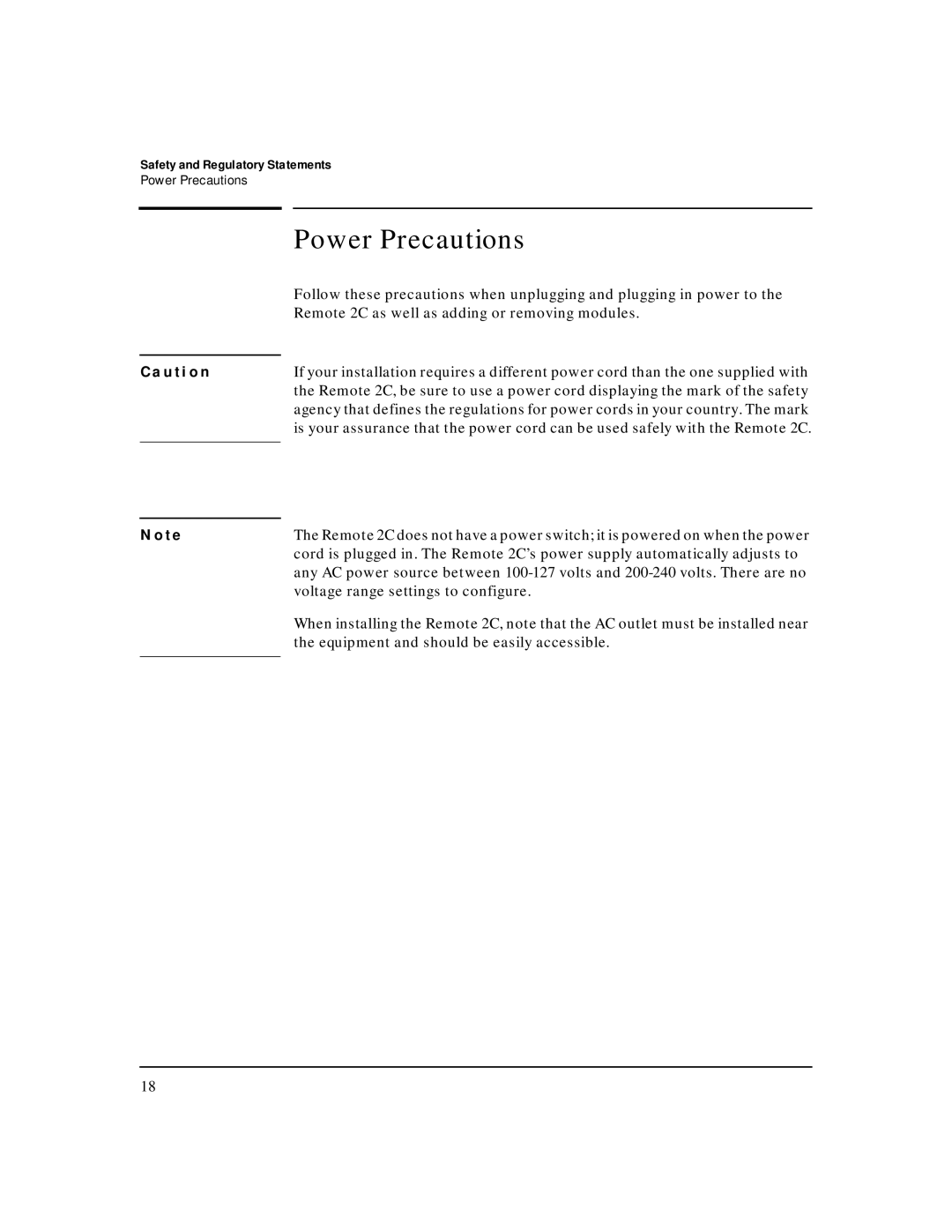 HP AdvStack Remote 2C & Internet Bundle manual Power Precautions, Safety and Regulatory Statements 