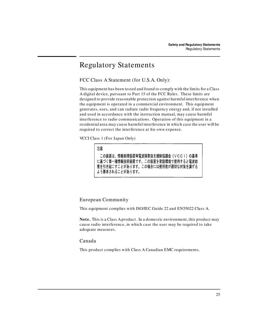 HP AdvStack Remote 2C & Internet Bundle Regulatory Statements, FCC Class a Statement for U.S.A. Only, European Community 