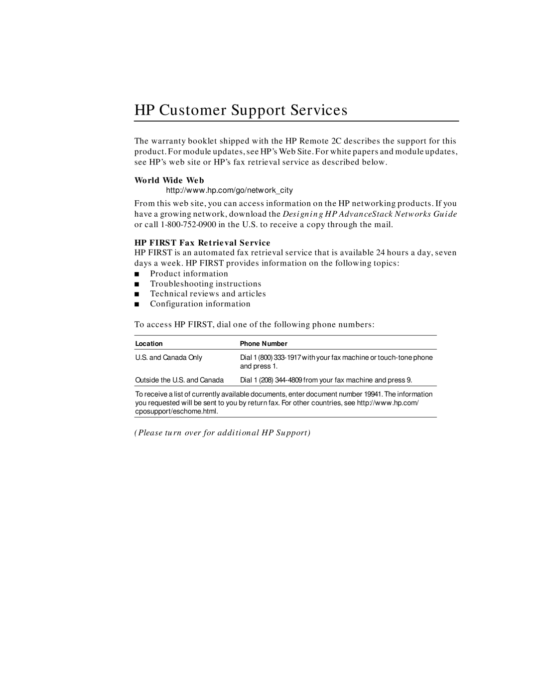 HP AdvStack Remote 2C & Internet Bundle manual HP Customer Support Services, World Wide Web, HP First Fax Retrieval Service 