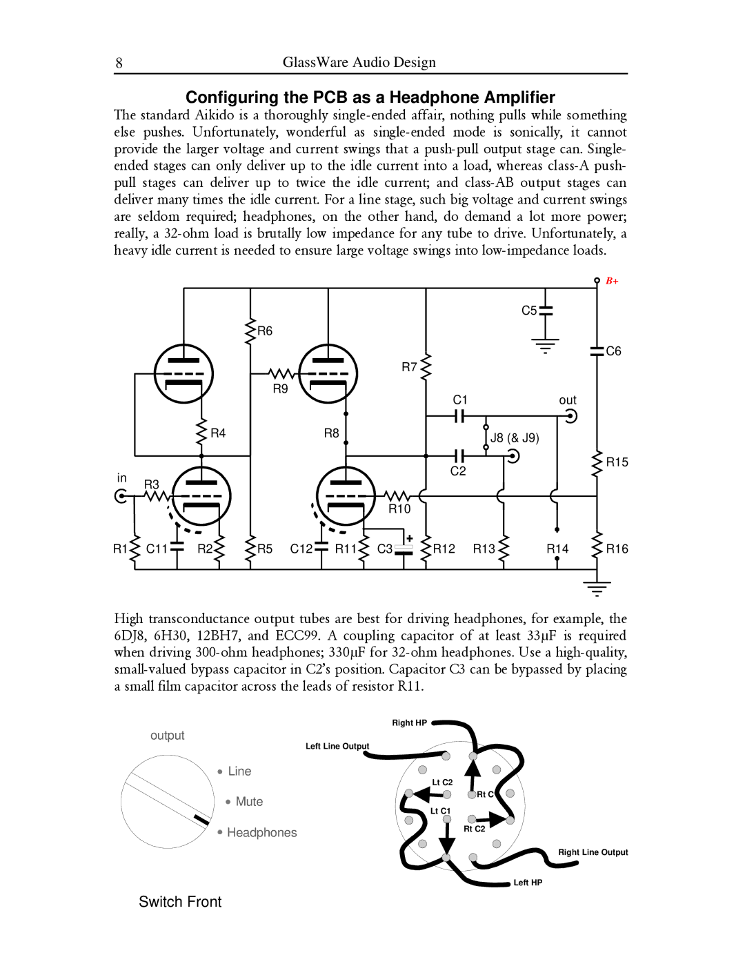 HP Aikido Stereo 9-Pin B manual Configuring the PCB as a Headphone Amplifier, Switch Front 