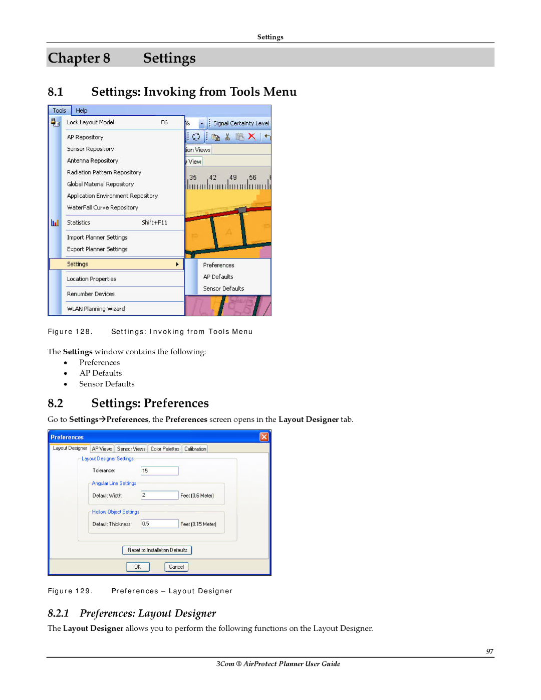 HP AirProtect Security Software manual Chapter Settings, Settings Invoking from Tools Menu, Settings Preferences 